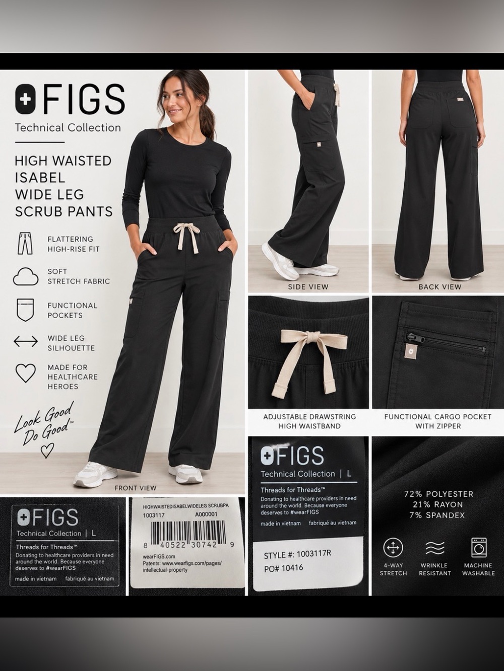 FIGS High Waisted Isabel Wide Leg Scrub Pants Black Women’s Large